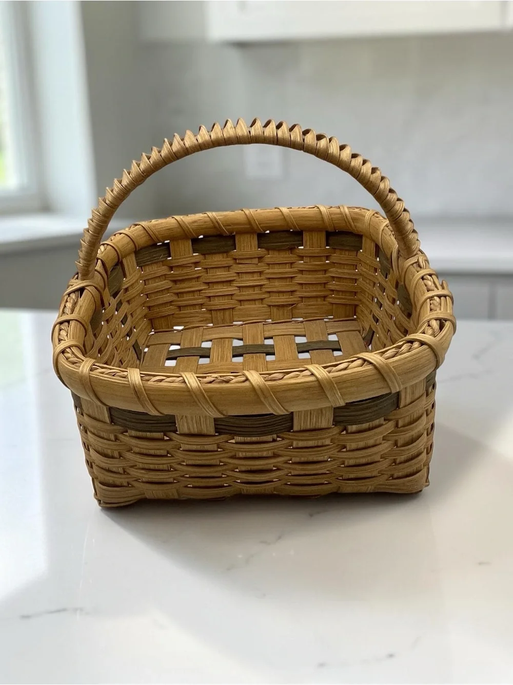 Vintage Handwoven Wood Splint Gathering Basket with Fixed Handle & Bow Accent Sm
